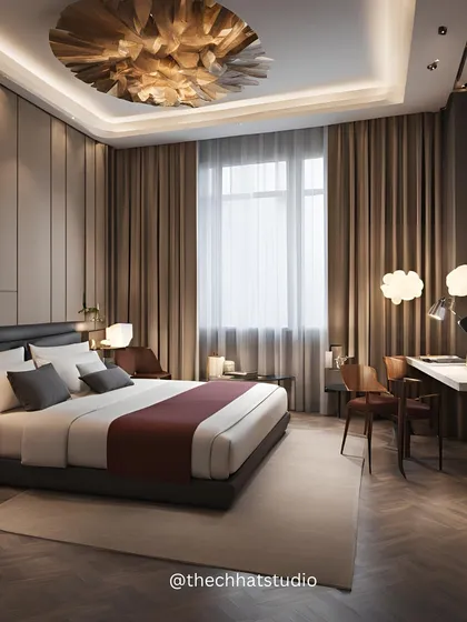 For this hotel room in Amritsar, the focus was on creating a restful retreat. The design features a stunning ceiling light fixture that acts as a centerpiece, while warm tones and soft, dimmable lighting invite serenity and relaxation.