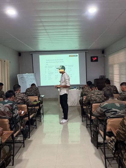A classroom session with army personnel. Before we fly, we build a strong foundation in theory, covering everything from flight dynamics to safety protocols and mission planning.