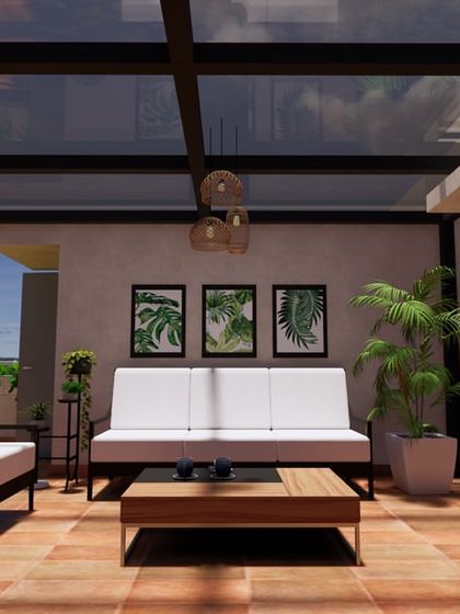 3D render of a covered terrace seating area. The glass pergola provides protection from the elements while allowing for plenty of light, creating a comfortable and stylish space with a view.