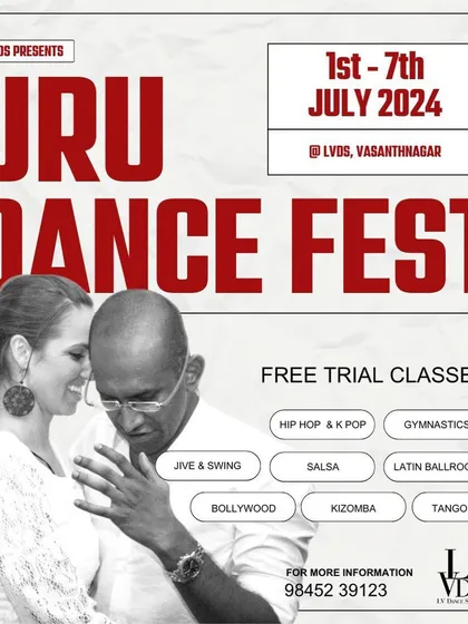 This flyer for our Guru Dance Fest highlights the free trial classes we offer across numerous styles. It's a great opportunity to try Hip-Hop, K-Pop, Gymnastics, Salsa, Jive, Bollywood, and more before committing to a course.