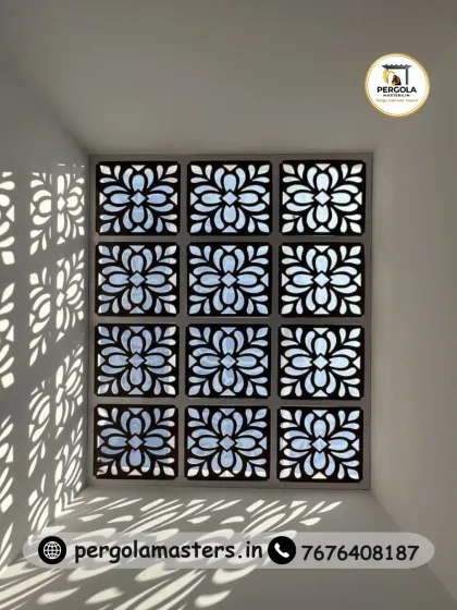 This is how we transform a simple ceiling into a captivating feature. We crafted this skylight using custom-cut panels in an ornate floral pattern, creating a dynamic play of light and shadow that shifts throughout the day and adds a layer of artistic elegance to the room below.