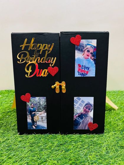 A personalized birthday surprise box for her. The doors are customized with her name and photos, creating a beautiful entrance to the main gift hidden inside.