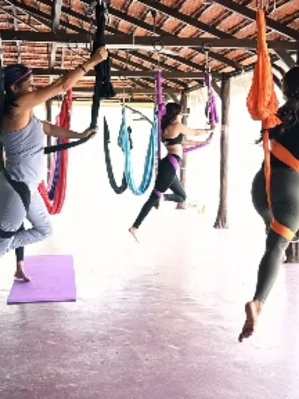 A moment of synchronized flight during our retreat's aerial yoga class. The colorful hammocks create such a vibrant and uplifting atmosphere for our practice.