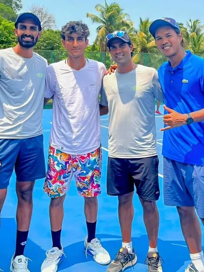 Our players Aaryan and Aarjun with coaches Somdev Devvarman and Prajnesh Gunneswaran during their high-performance training camp in Goa.