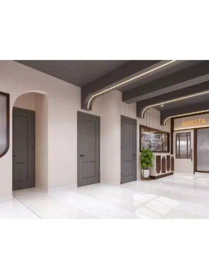 A detail shot of the entryway and door designs, showing a consistent modern-industrial aesthetic.