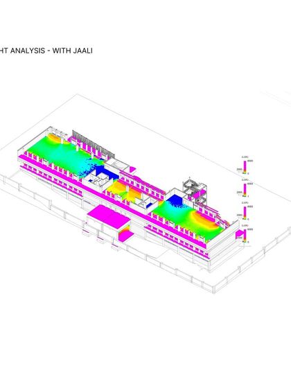 A daylight analysis simulation for the RSL Office building, showing the light distribution with the parametric terracotta jaali in place. The colors indicate that the jaali successfully creates balanced, glare-free light across the floor.