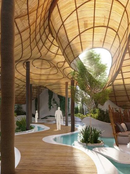 A walkthrough view of the 'Azure curves' office terrace project. The fluid lines of the water features and pathways guide movement through the space, while the bamboo canopy provides a sense of enclosure and connection to the sky.