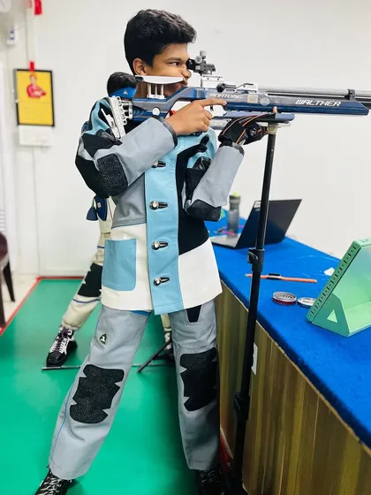 Satvik Gupta from our academy celebrates winning a gold medal in the 25m Sport Pistol event at the South Zone shooting competition.