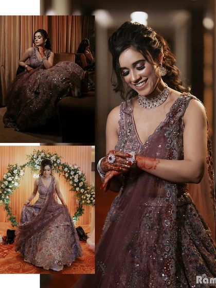This collage celebrates the bride on her engagement day. It combines portraits showing off her beautiful gown, her intricate henna, and her radiant smile.