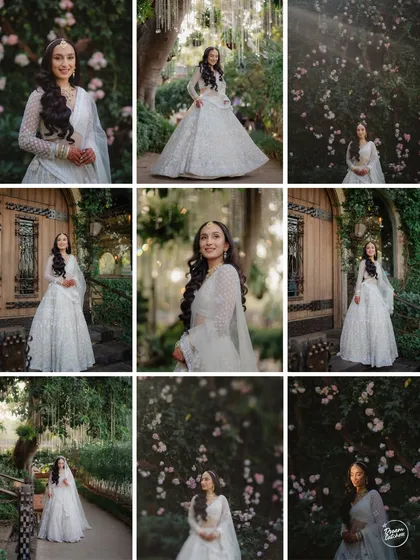 A collage of bridal portraits showcasing the bride in her ethereal white lehenga from different angles, all set in a beautiful garden.