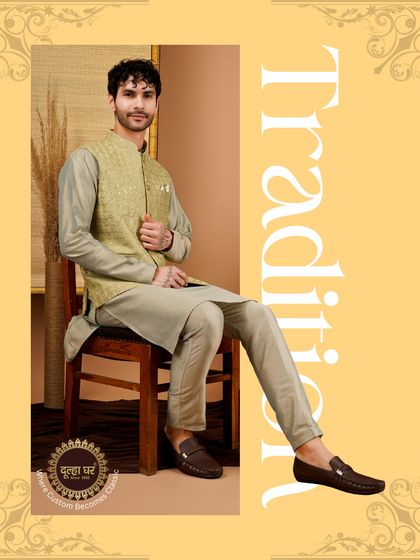 Tradition, where custom becomes classic. A seated model in a lime green textured Nehru jacket, looking relaxed and stylish.