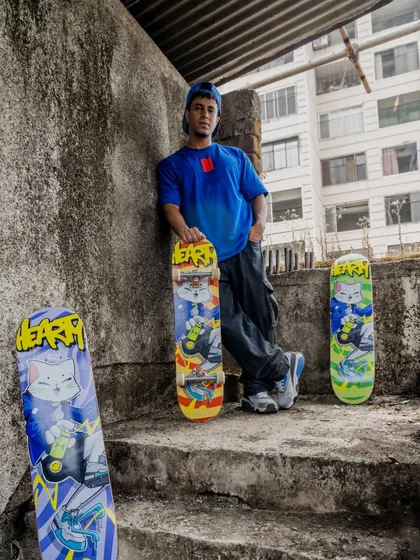 Posing with the finished Hearty Skateboards collaboration decks. We shot these in a gritty, urban location that perfectly matched the vibe of the artwork.