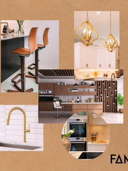 This mood board captures the essence of a luxurious kitchen, combining rich wooden accents, lavish gold hardware, and elegant bar seating. It is where sophistication meets grandeur in every detail.