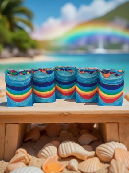 A rainbow-layered soap on a virtual beach. While I love a clean background, it's fun to imagine my soaps on a tropical vacation.