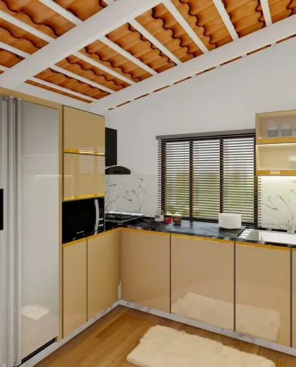 A compact L-shaped kitchen design under a sloped terracotta tile ceiling. The glossy cabinets and under-cabinet lighting make the space feel bright and modern.