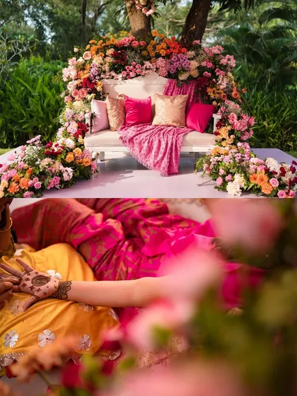A collage showing the beautiful Mehendi decor and a close-up of the bride's henna. The floral-draped sofa provides a stunning backdrop for the intricate artistry.