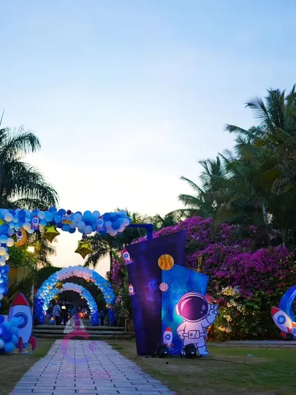We bring any theme to life, like this out-of-this-world space-themed birthday party. From the astronaut cutouts and rocket ships to the balloon arch galaxy walkway, every detail was designed to transport the kids and guests to a cosmic adventure.