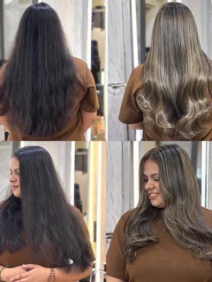 The before and after tells the whole story. I took this client from dull, dark hair to a dreamy, creamy beige blonde. This kind of hair makeover shows how the right color can completely change your look and boost your confidence.