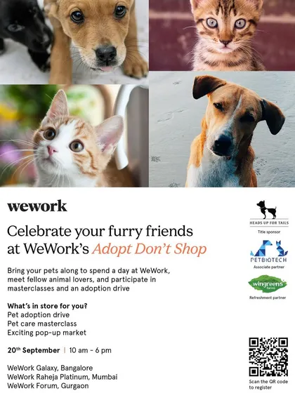 Celebrate your furry friends at WeWork's Adopt Don't Shop event. We're partnering with them to host a pet adoption drive and pet care masterclass.