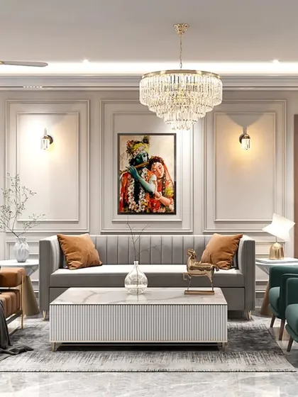 This living room is the epitome of modern luxury and comfort. We curated a space with plush seating, a grand crystal chandelier, and elegant wall paneling to create a harmonious environment perfect for both relaxing and entertaining guests.