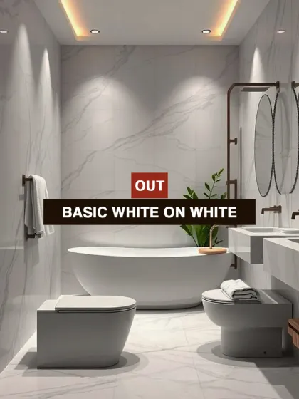 Basic white on white bathrooms are a trend that is 'out'. We encourage clients to explore richer textures and colors to create more personality and depth in their spaces.