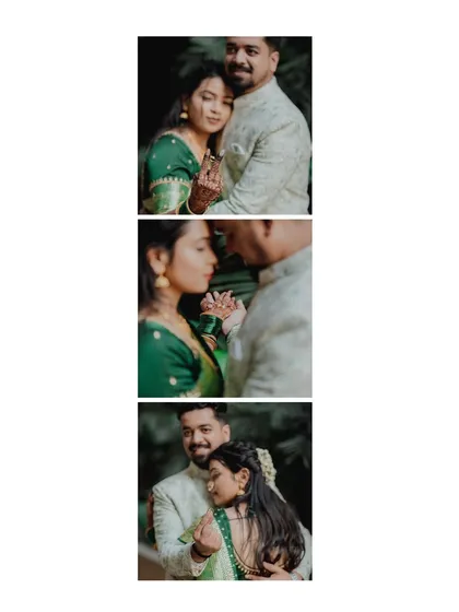 A vertical collage showing three intimate moments from an engagement shoot. This format tells a small story of their connection, from gentle touches to loving gazes.