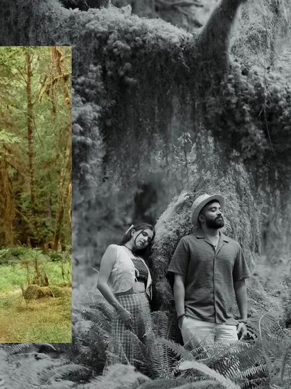An artistic collage blending a color landscape with a black and white portrait. This creative shot from the rainforest elopement highlights both the beauty of the location and the mood of the couple.