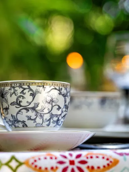 A close-up of an elegant teacup with intricate blue patterns from Vigneto. The blurred background of a garden party creates a sophisticated and aspirational mood.