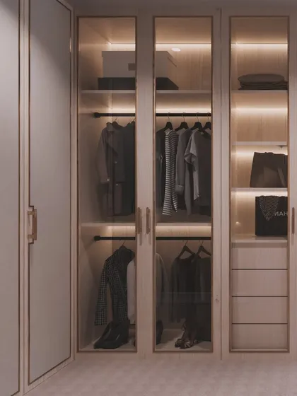 A visualization of the walk-in closet area, with integrated lighting showcasing the organized storage.