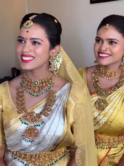 Draping for a Telugu bride and her sister. I created matching drapes that highlighted their similar features while allowing their individual styles to shine.