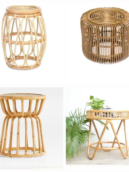 This collage displays four different styles of our premium rattan stools and side tables. From drum shapes to hourglass figures, it showcases the variety of designs we offer to complement any indoor or outdoor seating area.