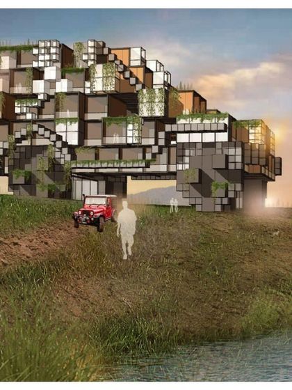 Another view of the "pixelated" resort concept, showing how the stacked modules create terraces and openings, integrating green spaces throughout the structure.