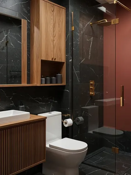This design shows how a pop of color, like this terracotta-red shower wall, can add warmth and personality to a dark, modern bathroom.