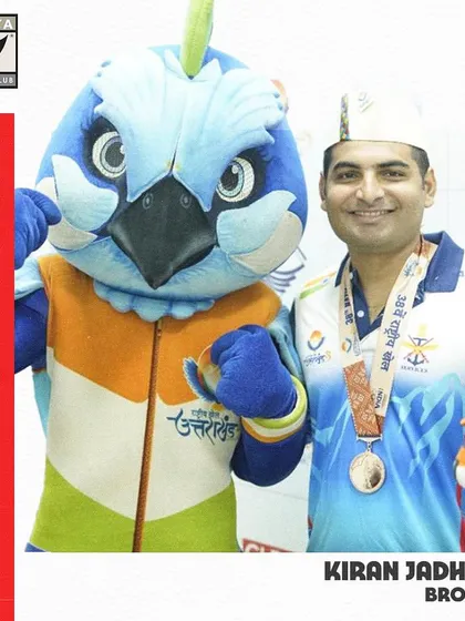 Kiran Jadhav celebrates his Bronze Medal win in the 10m Air Rifle Men's Event at the 38th National Games.