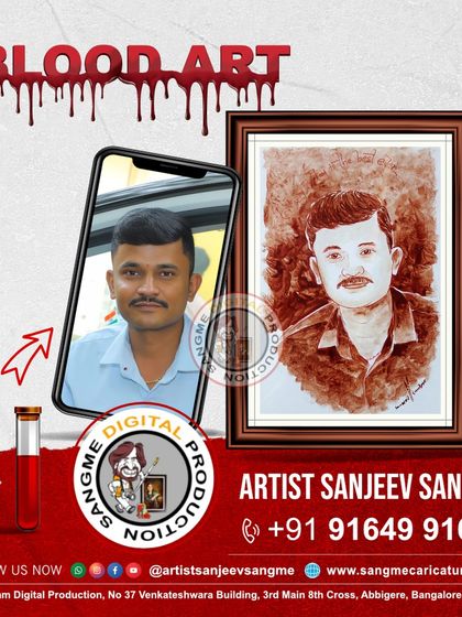 From a simple digital photo to a framed blood art portrait. My process involves carefully studying the source image to ensure the final piece captures the essence and personality of the individual.