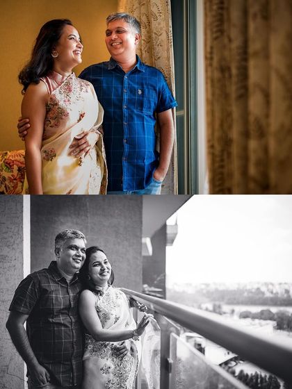 An intimate at-home anniversary session, with the couple sharing a quiet moment by the window, captured in both color and black and white.