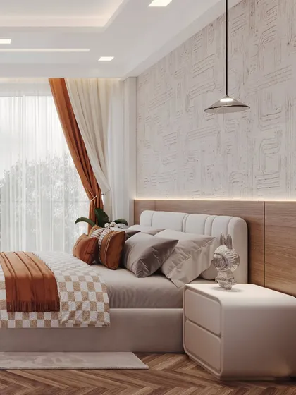 This guest bedroom render features a warm, inviting palette with terracotta accents. The herringbone wood floor and textured wallpaper add layers of detail.