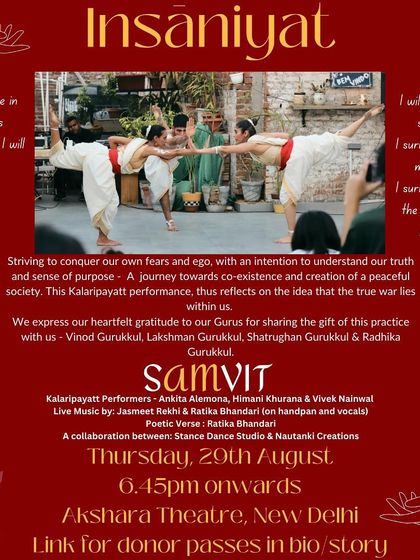 The official announcement for our performance "SAMVIT" as part of Insaniyat, a cultural evening in solidarity with children suffering through conflict.