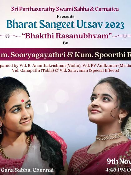 The official poster for my "Bhakthi Rasanubhvam" duet concert with Sooryagayathri at the Bharat Sangeet Utsav. These posters capture the theme and essence of our collaborative performances.