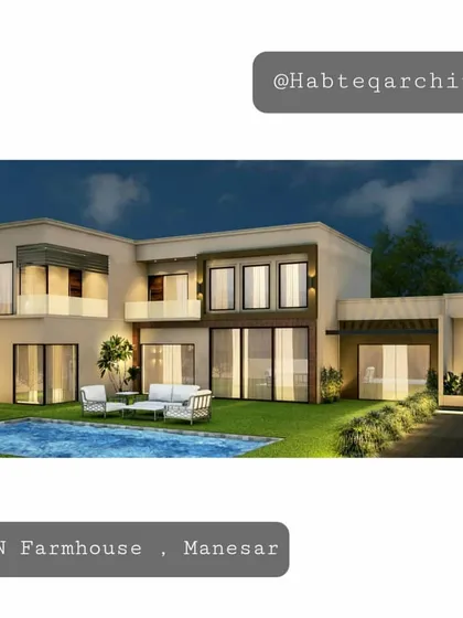 A visualization of the Orian Farmhouse in Manesar, showing the rear facade opening up to the lawn and pool. The design emphasizes large windows and balconies to connect with the natural surroundings.