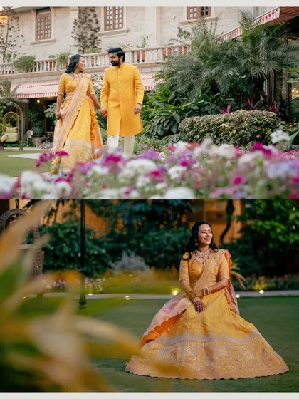 A vibrant collage from a garden shoot. The couple's bright yellow traditional outfits pop against the lush greenery and colorful flowers, creating a joyful and celebratory feel.
