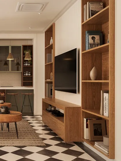 Another angle of the TV and bookshelf unit, highlighting the warm wood tones and the practical, yet beautiful, design of the custom-built furniture.