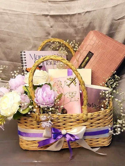 Our new basket hamper is here. This one is filled with personalized travel essentials, making it a perfect farewell or bon voyage gift.