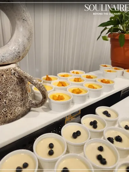 A delightful spread of mango and blueberry desserts in individual portions, showcasing our attention to detail and beautiful presentation.