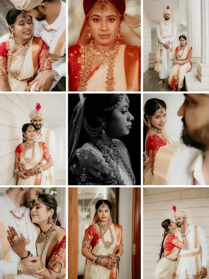 A collage showcasing the different facets of a wedding day, from a dramatic black and white bridal portrait to tender couple moments. This demonstrates my ability to capture a variety of moods and styles, delivering a complete and diverse wedding album.