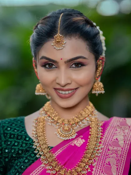A close-up of the makeup for the half-saree look, showing soft, glowing skin and defined eyes.