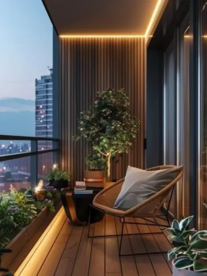 Even a narrow balcony can become a cozy nook. We used warm wood decking and subtle LED strip lighting to define this space, adding a comfortable wicker chair to create the perfect spot for enjoying the evening city view.