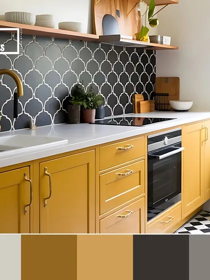 For a bold and cheerful kitchen, this palette combines vibrant yellow cabinets with a striking black and white patterned backsplash.