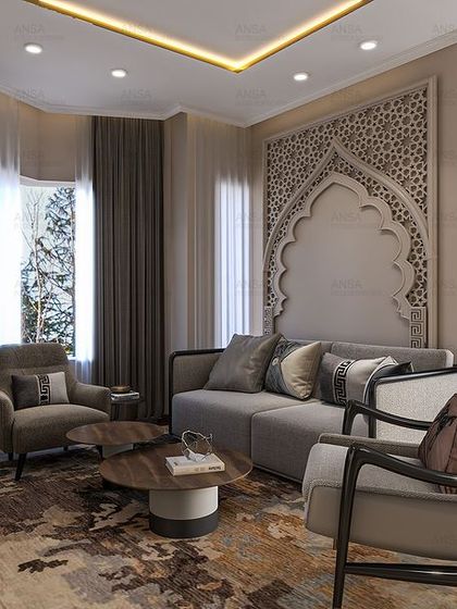 Here, I've blended modern elegance with timeless Islamic architecture. The living space in this suite features an intricate jali work accent wall and a neutral color palette to create a cozy yet sophisticated retreat.