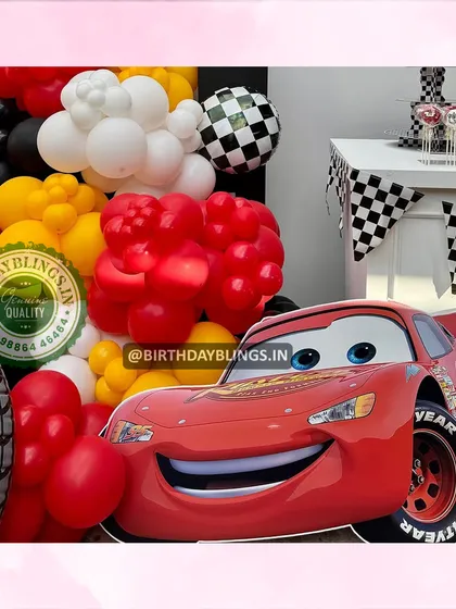A super close-up of the friendly face of Lightning McQueen, a favorite for all the kids.
